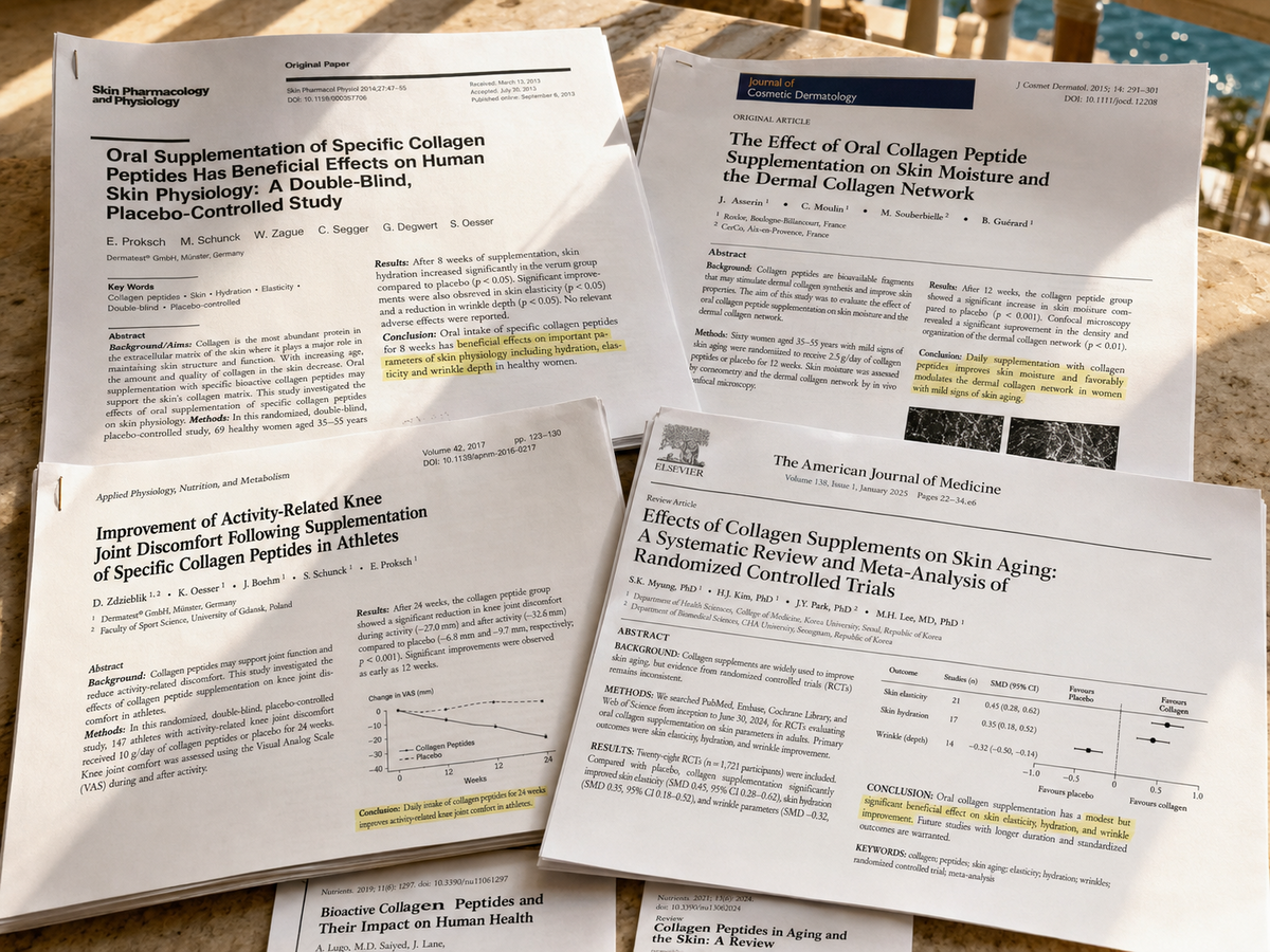 Printed peer-reviewed collagen studies used to compare bovine and marine collagen evidence
