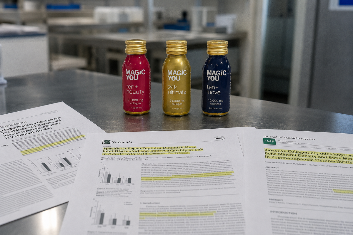 Magic You collagen bottles with highlighted peer-reviewed collagen research in a laboratory setting