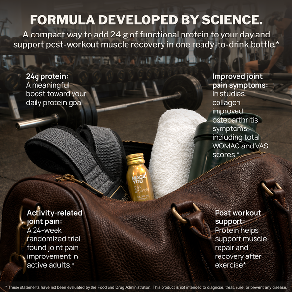 Magic You 24K Ultimate collagen shot in gym bag lifestyle scene