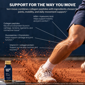 Magic You ten+move collagen shot in tennis-themed lifestyle image
