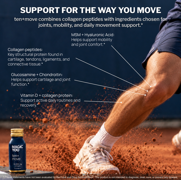 Magic You ten+move collagen shot in tennis-themed lifestyle image