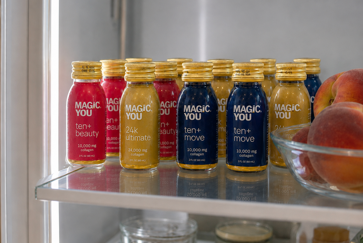 Magic You collagen bottles in refrigerator