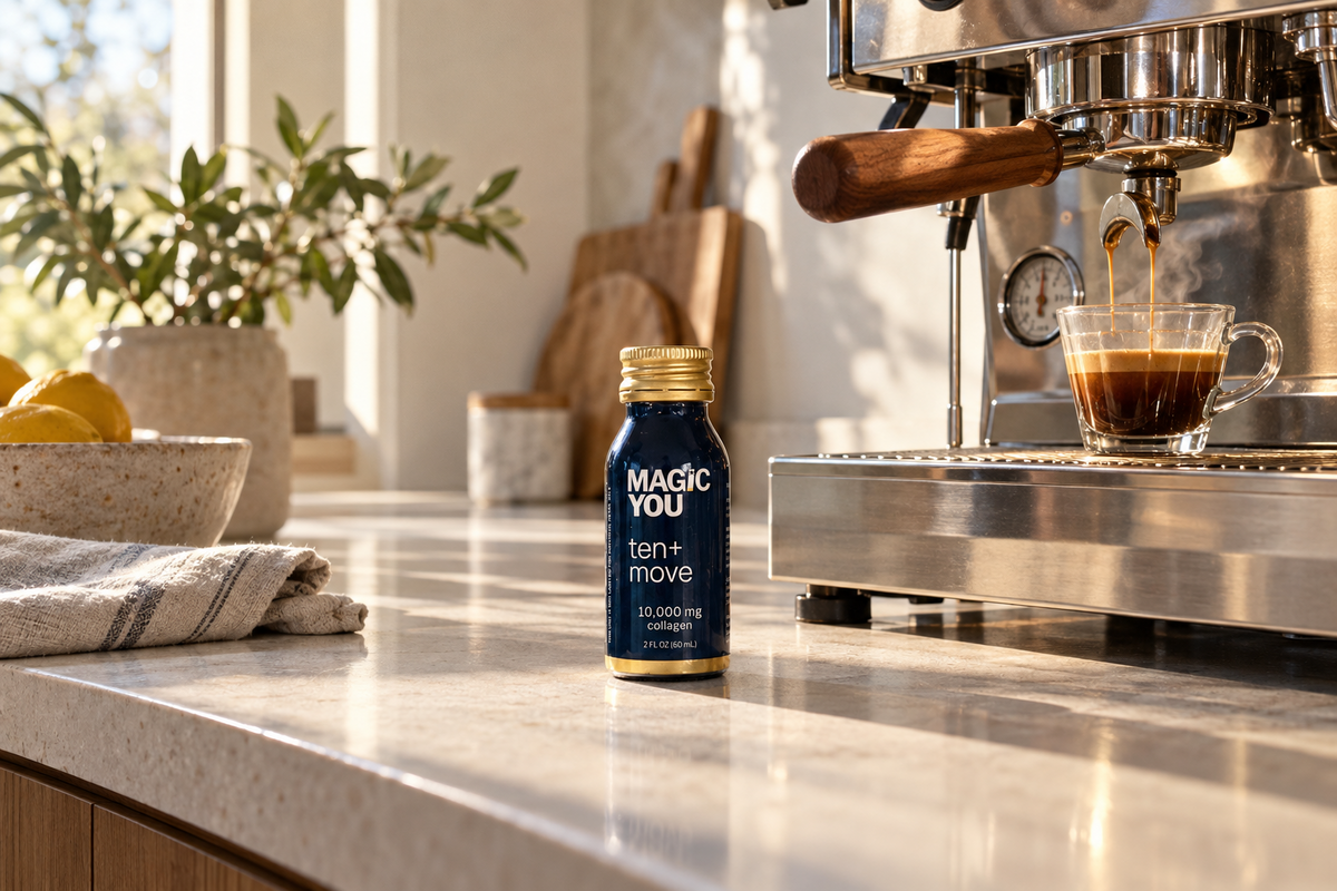 Magic You ten+move collagen bottle beside an espresso machine in a sunlit kitchen