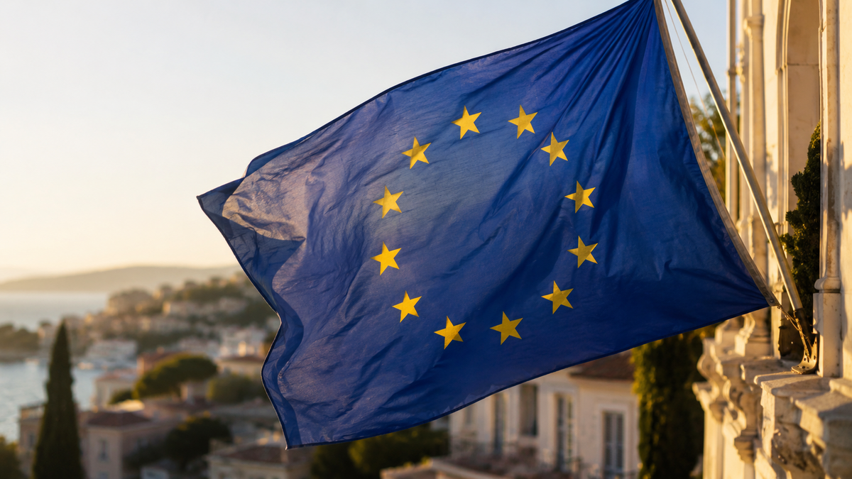 European Union flag in warm Mediterranean light