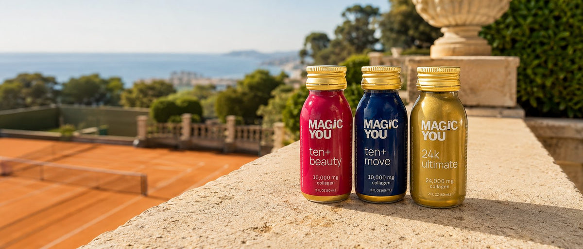Magic You liquid collagen bottles on a Riviera stone terrace overlooking a clay tennis court and Mediterranean sea